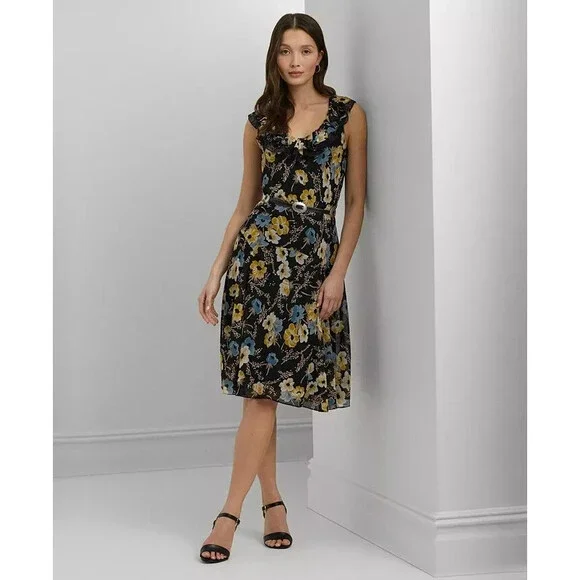 Lauren Ralph Lauren | Dresses | Lauren Ralph Lauren Floral Aline Dress  Womens 8 Black Multi Ruffled Side Zip | Poshmark
